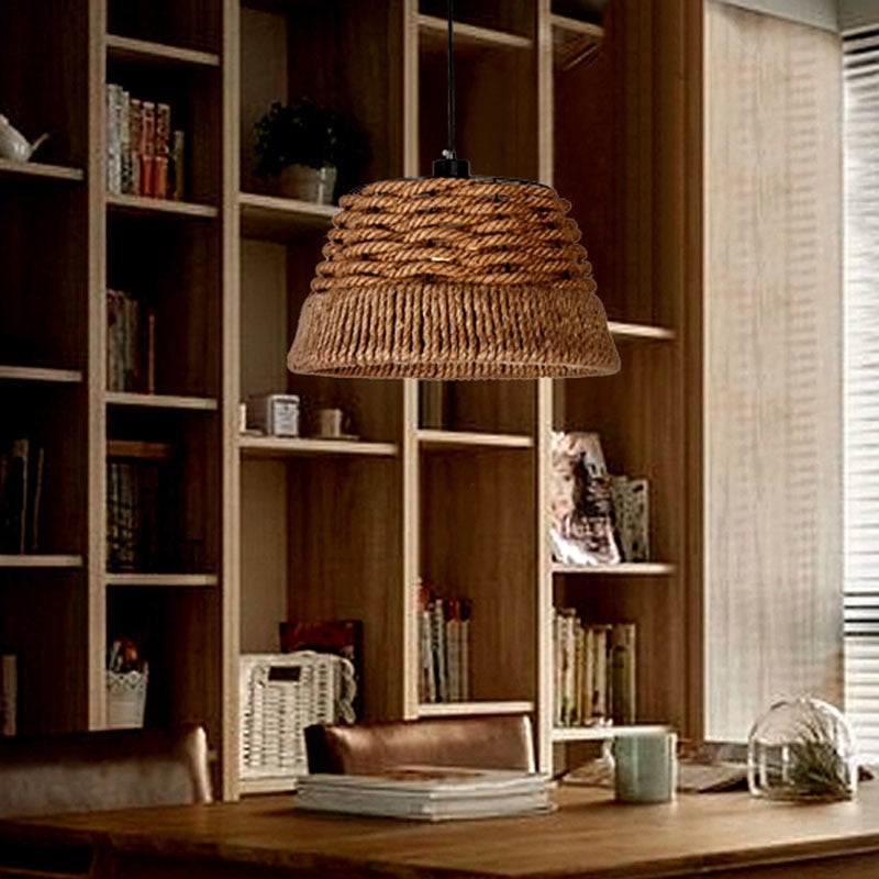 The Nordic LOFT American Country Retro Hand Woven Rope Hanging Light Drum Shaded Suspension Lamp Bar Coffee Hall Chandelier P486