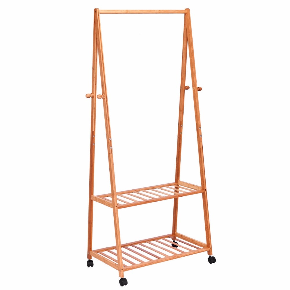 Giantex Portable Bamboo Garment Shelves Stand Clothes Organizer Coat Shoes Storage Rolling Laundry Rack Clothes Hanger HW56491