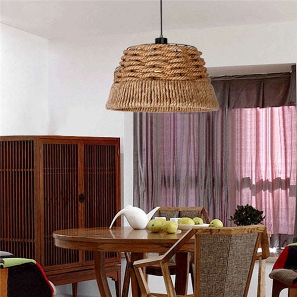 The Nordic LOFT American Country Retro Hand Woven Rope Hanging Light Drum Shaded Suspension Lamp Bar Coffee Hall Chandelier P486