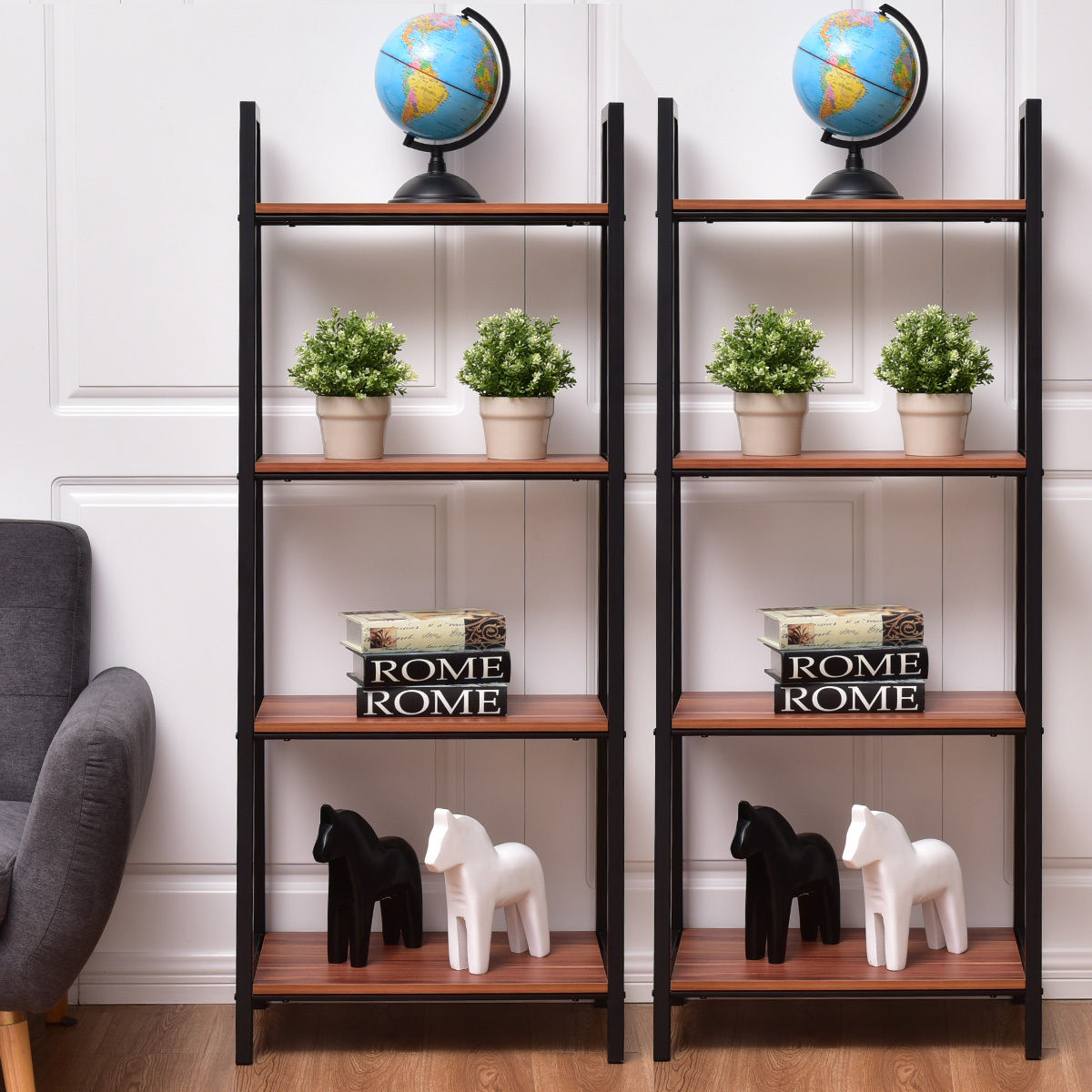 Giantex 2pcs 4 -Tier Ladder Storage Bookshelf Living Room Wall Bookcase Bundle Modern Ladder Shelf Home Furniture HW55458