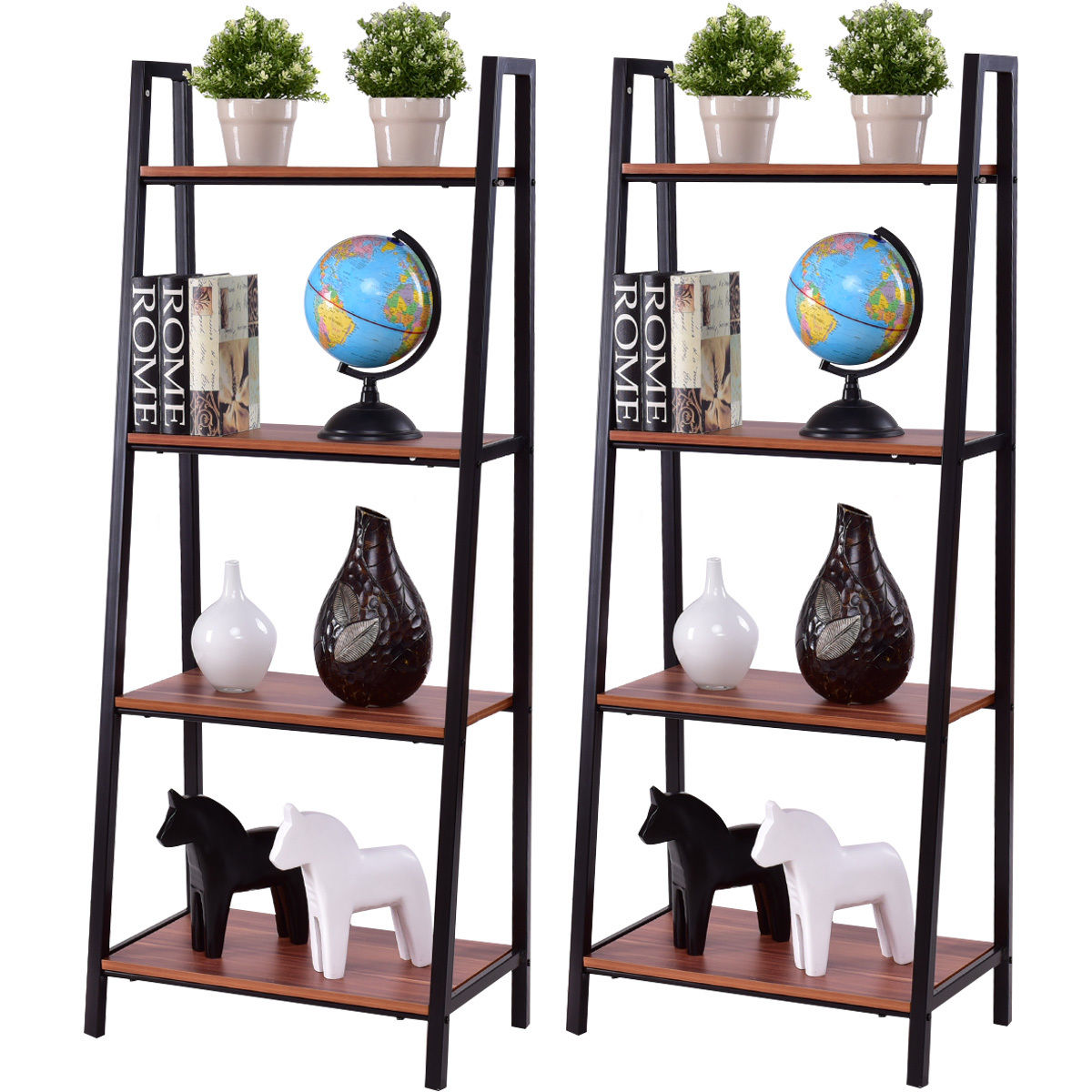 Giantex 2pcs 4 -Tier Ladder Storage Bookshelf Living Room Wall Bookcase Bundle Modern Ladder Shelf Home Furniture HW55458