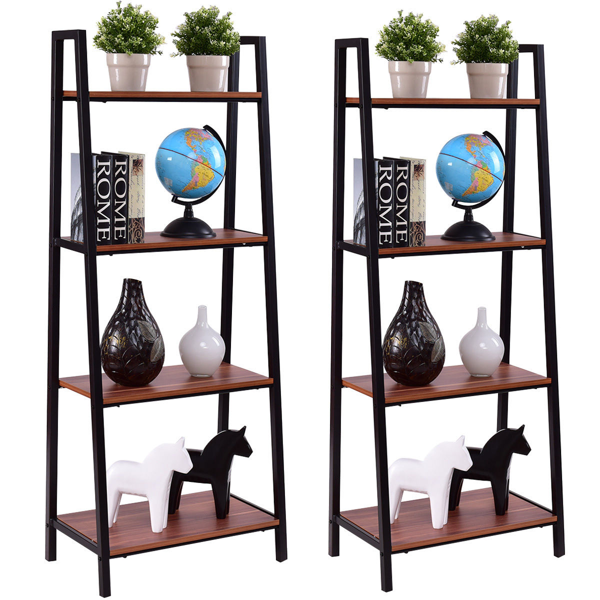 Giantex 2pcs 4 -Tier Ladder Storage Bookshelf Living Room Wall Bookcase Bundle Modern Ladder Shelf Home Furniture HW55458