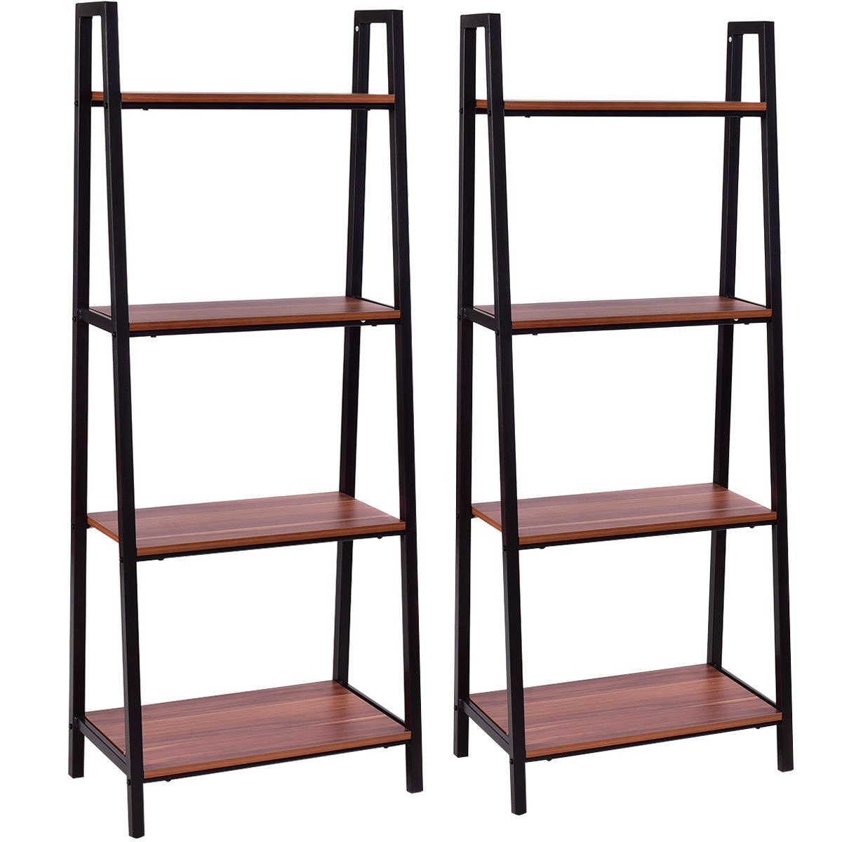 Giantex 2pcs 4 -Tier Ladder Storage Bookshelf Living Room Wall Bookcase Bundle Modern Ladder Shelf Home Furniture HW55458