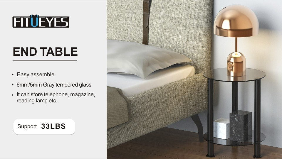 Fitueyes Grey Glass End Table Accent Side Table Coffee Table Round DT203801GT