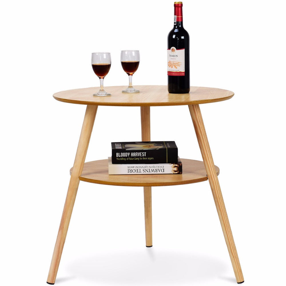 Giantex 2-Tier Round End Coffee Table Side Accent Table Wood Legs Living Room Furniture Living Room Furniture HW59267
