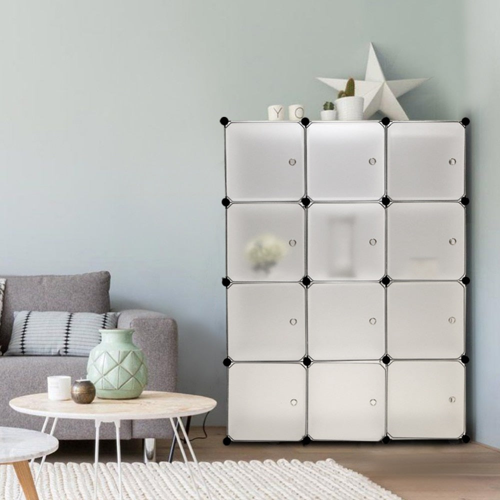 Plastic Wardrobe Unit Closet Drawer Plastic Storage 12 Cube White Translucent Design Clothes Closet Organizer S15