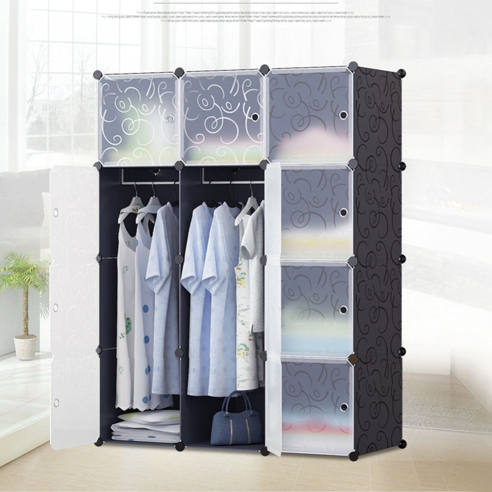 Plastic Wardrobe Cabinet Storage 12 Cube Interlocking For Clothes Translucent Bedroom Furniture Decorative Patterns S15