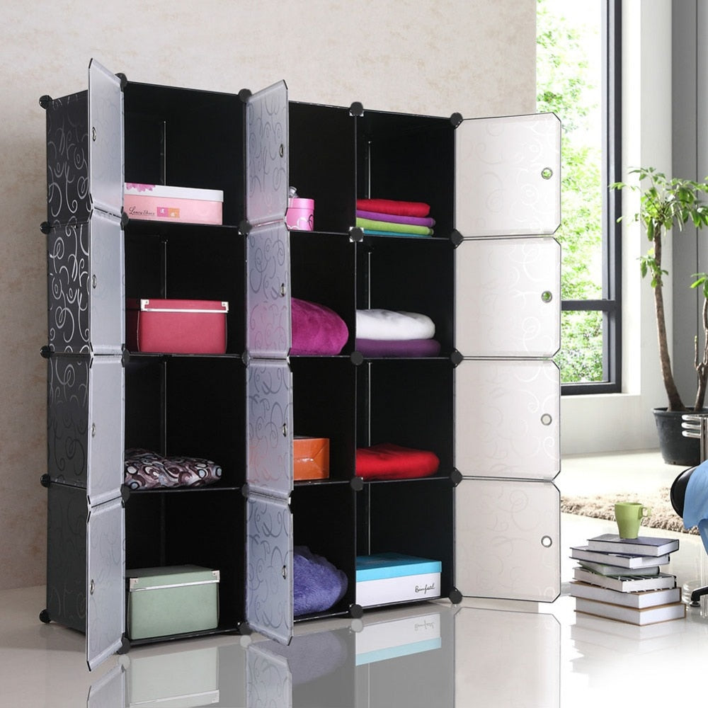 Plastic Wardrobe Cabinet Storage 12 Cube Interlocking For Clothes Translucent Bedroom Furniture Decorative Patterns S15