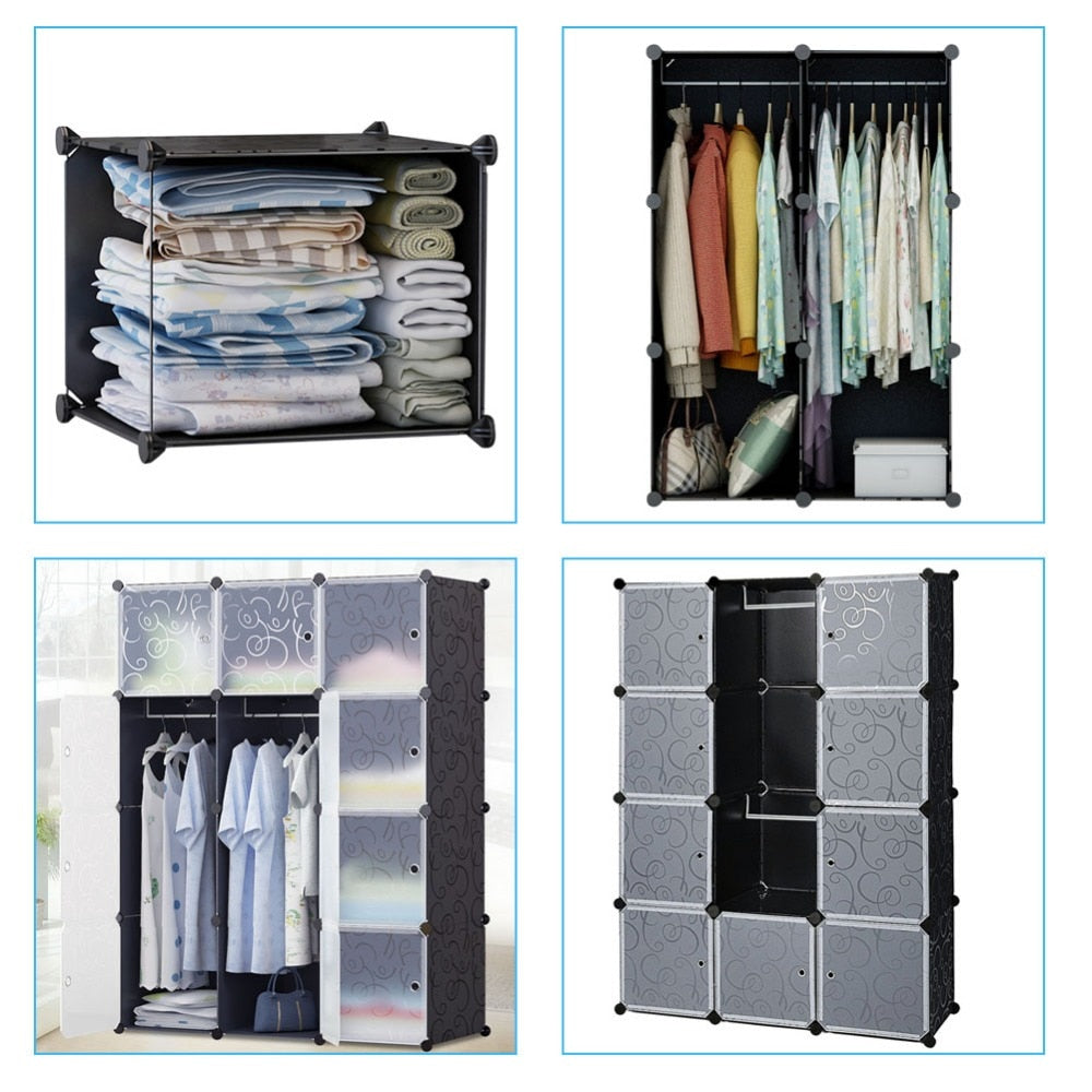 Plastic Wardrobe Cabinet Storage 12 Cube Interlocking For Clothes Translucent Bedroom Furniture Decorative Patterns S15