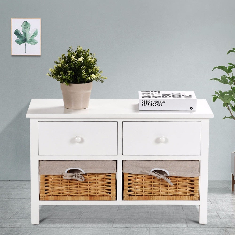 Giantex Wooden Storage Cabinet Organizer Table Home Furniture W/2 Baskets &Drawers White Home Furniture HW59522