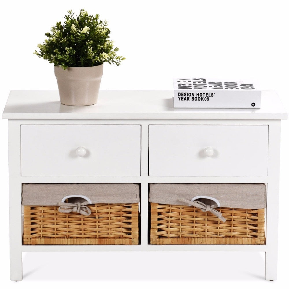 Giantex Wooden Storage Cabinet Organizer Table Home Furniture W/2 Baskets &Drawers White Home Furniture HW59522
