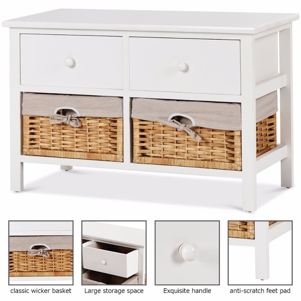Giantex Wooden Storage Cabinet Organizer Table Home Furniture W/2 Baskets &Drawers White Home Furniture HW59522