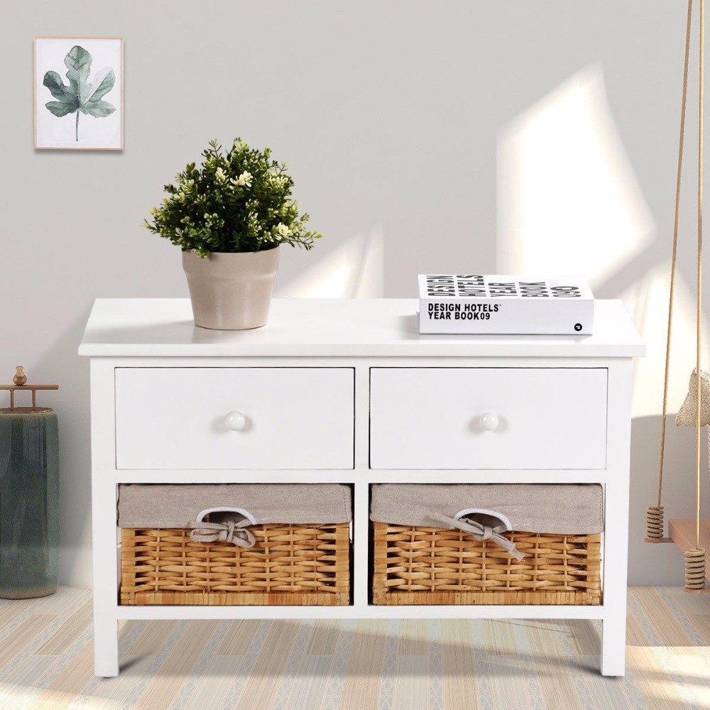 Giantex Wooden Storage Cabinet Organizer Table Home Furniture W/2 Baskets &Drawers White Home Furniture HW59522
