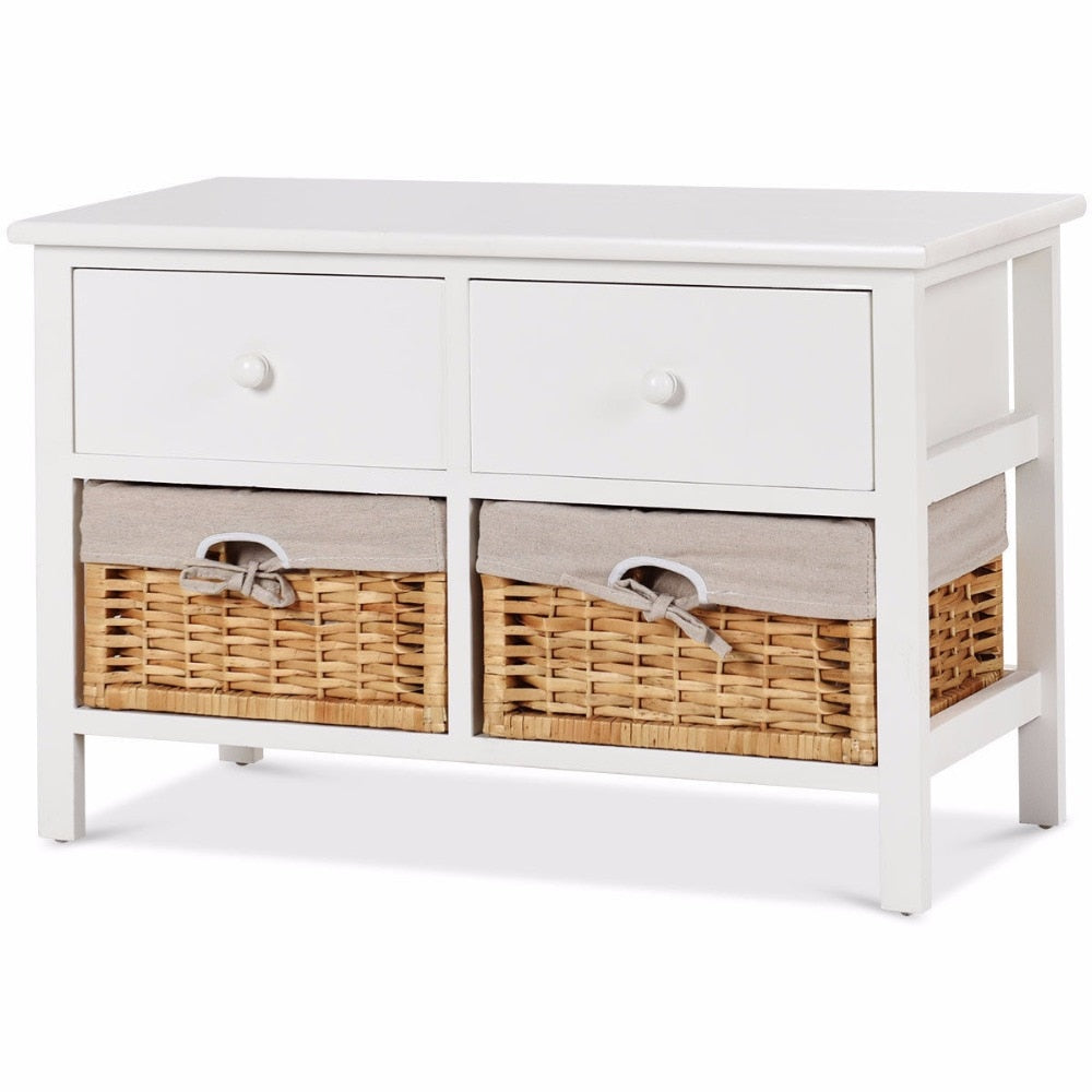 Giantex Wooden Storage Cabinet Organizer Table Home Furniture W/2 Baskets &Drawers White Home Furniture HW59522