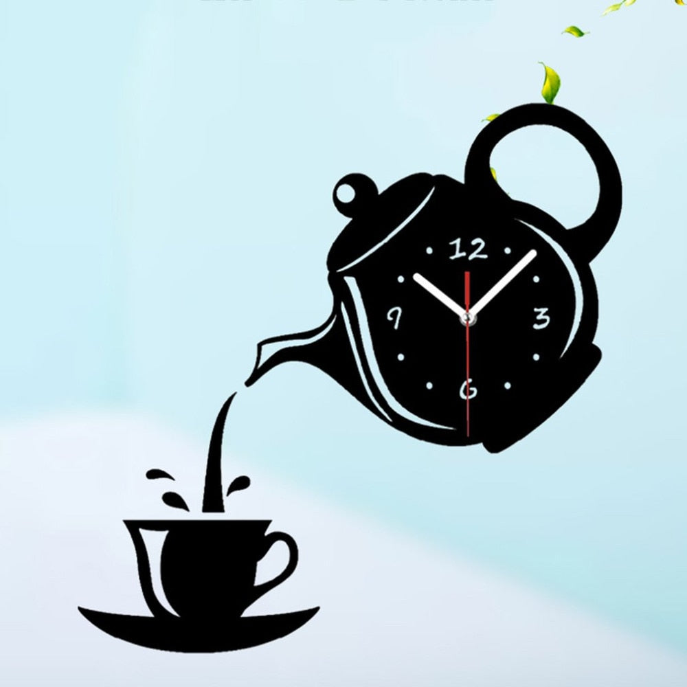 Teapot Sticker DIY Needle Quartz Wall Clocks For Home Living Room Modern Minimalist Wall Clock 3D Mirror Clock Home Decoration
