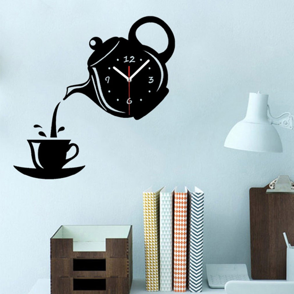 Teapot Sticker DIY Needle Quartz Wall Clocks For Home Living Room Modern Minimalist Wall Clock 3D Mirror Clock Home Decoration