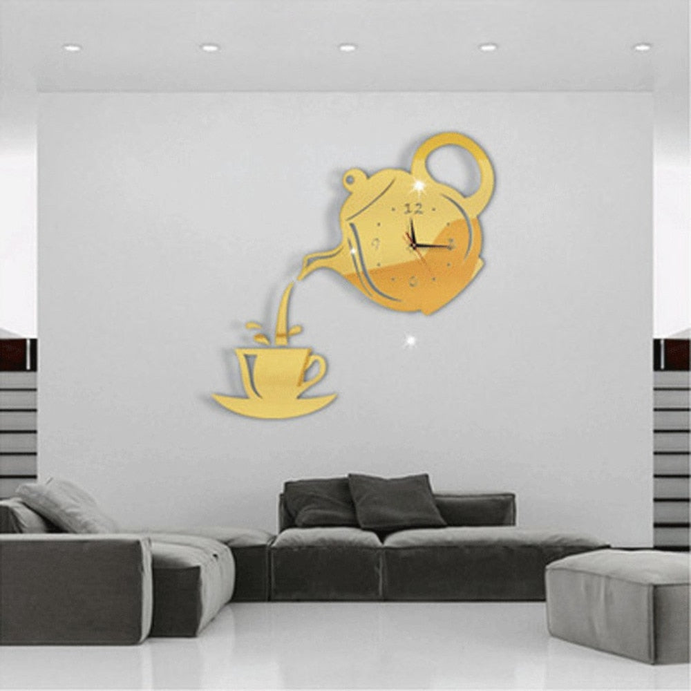 Teapot Sticker DIY Needle Quartz Wall Clocks For Home Living Room Modern Minimalist Wall Clock 3D Mirror Clock Home Decoration
