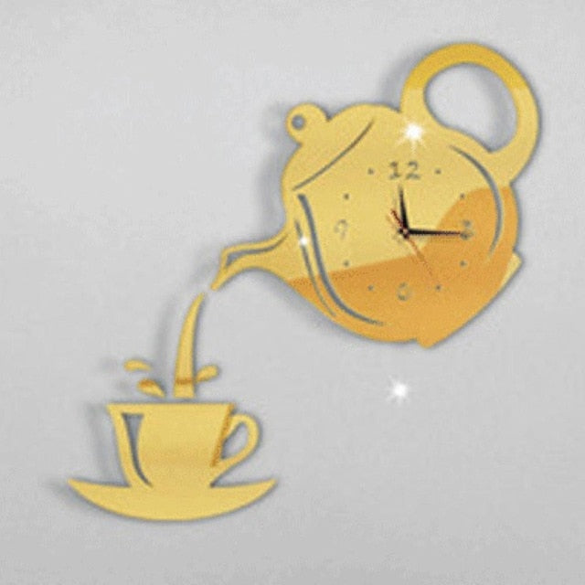 Teapot Sticker DIY Needle Quartz Wall Clocks For Home Living Room Modern Minimalist Wall Clock 3D Mirror Clock Home Decoration