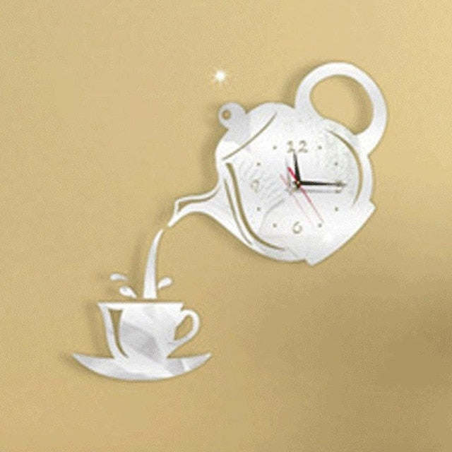 Teapot Sticker DIY Needle Quartz Wall Clocks For Home Living Room Modern Minimalist Wall Clock 3D Mirror Clock Home Decoration