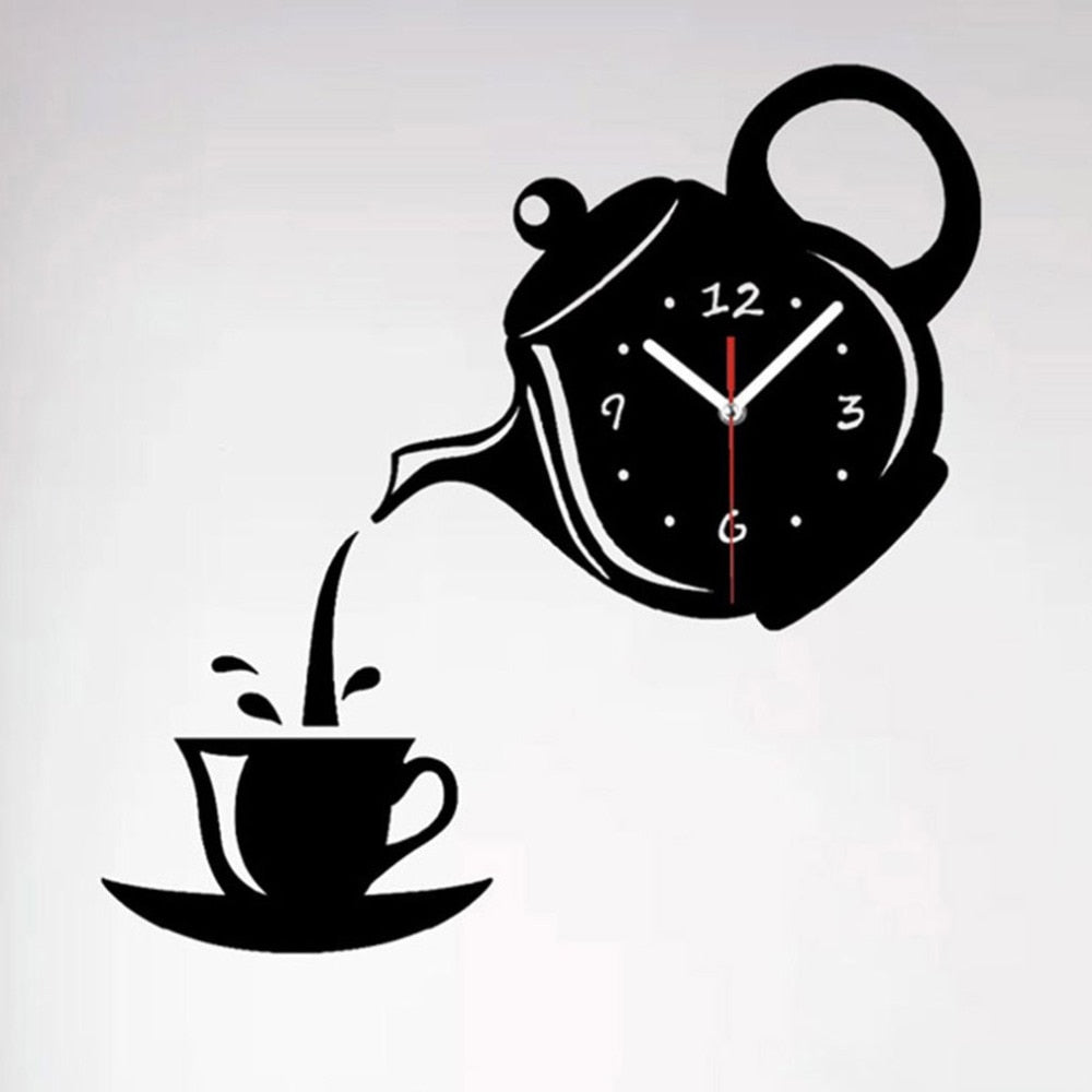 Teapot Sticker DIY Needle Quartz Wall Clocks For Home Living Room Modern Minimalist Wall Clock 3D Mirror Clock Home Decoration