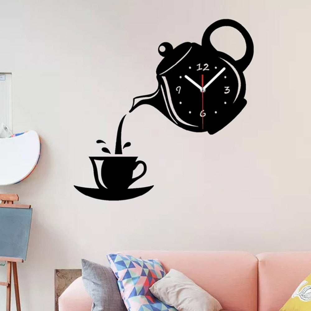 Teapot Sticker DIY Needle Quartz Wall Clocks For Home Living Room Modern Minimalist Wall Clock 3D Mirror Clock Home Decoration