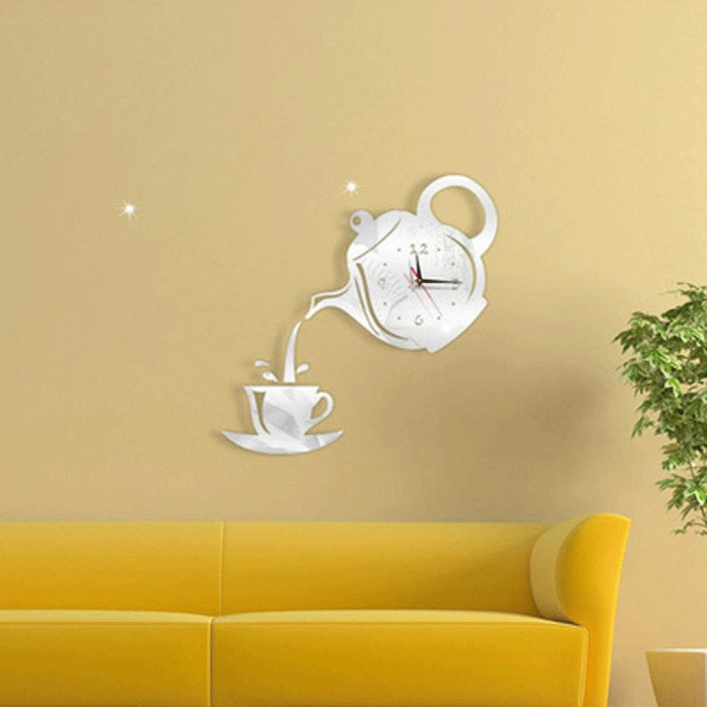 Teapot Sticker DIY Needle Quartz Wall Clocks For Home Living Room Modern Minimalist Wall Clock 3D Mirror Clock Home Decoration