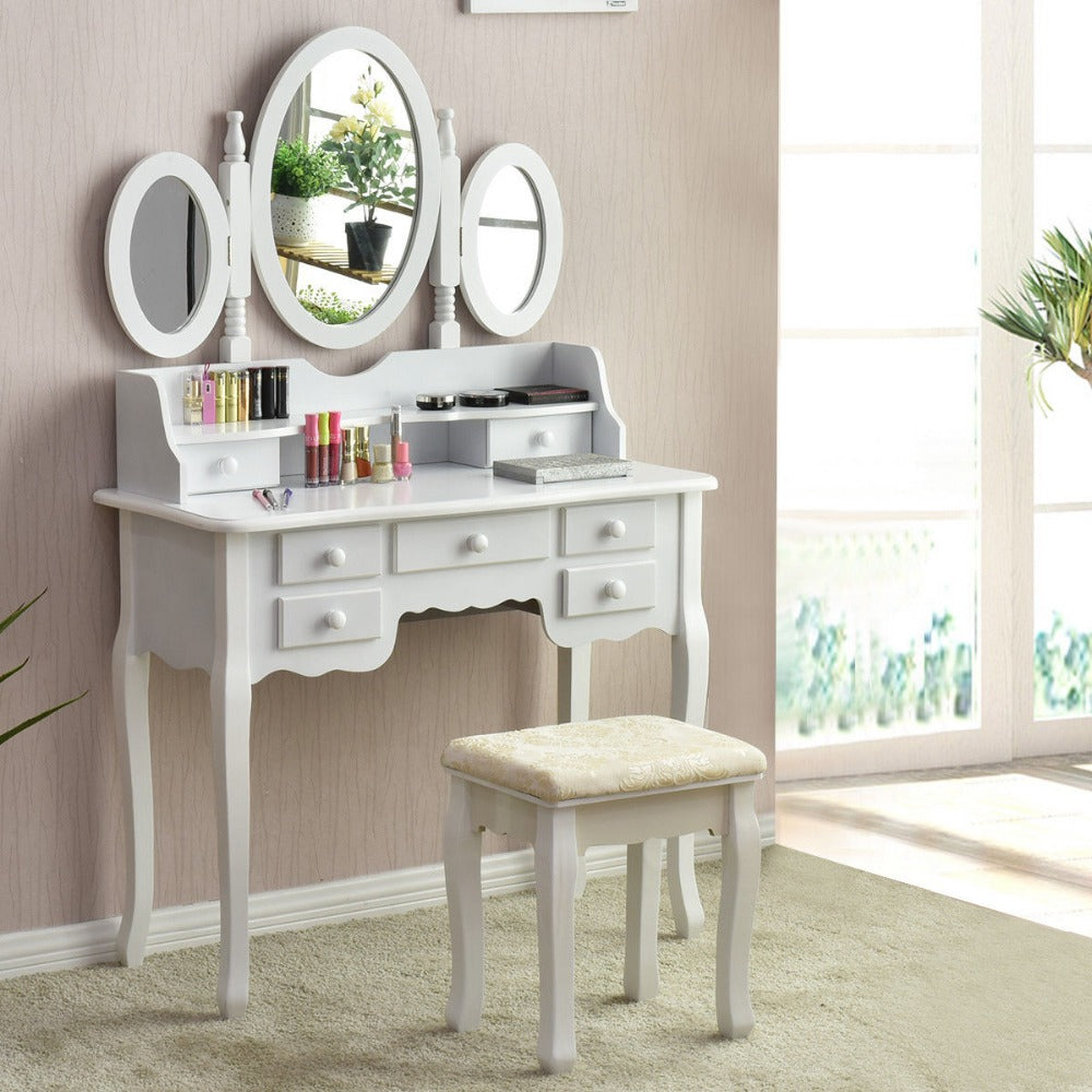 Giantex White Vanity Wood Makeup Dressing Table Stool Set Modern Dressers for Bedroom With 3 Folding Mirror 7 Drawer HW56422WH