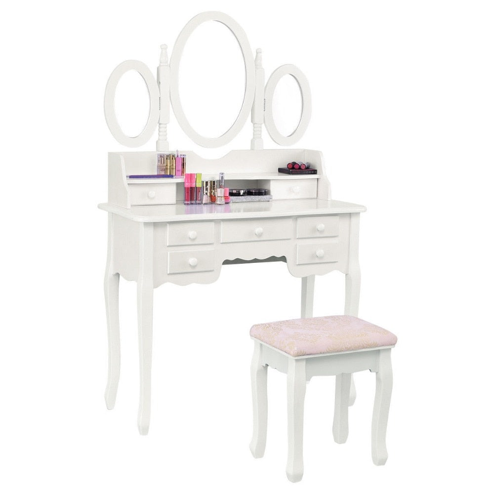 Giantex White Vanity Wood Makeup Dressing Table Stool Set Modern Dressers for Bedroom With 3 Folding Mirror 7 Drawer HW56422WH
