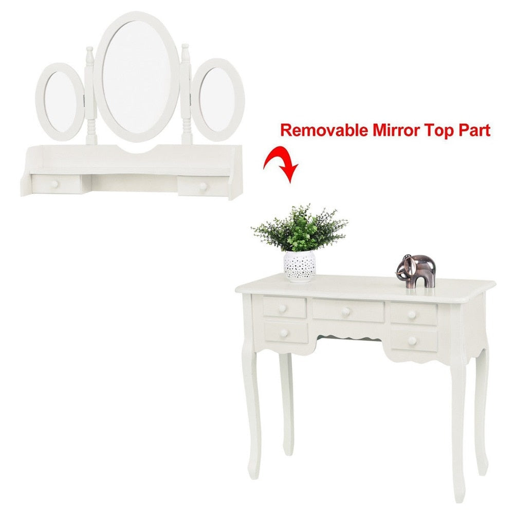 Giantex White Vanity Wood Makeup Dressing Table Stool Set Modern Dressers for Bedroom With 3 Folding Mirror 7 Drawer HW56422WH