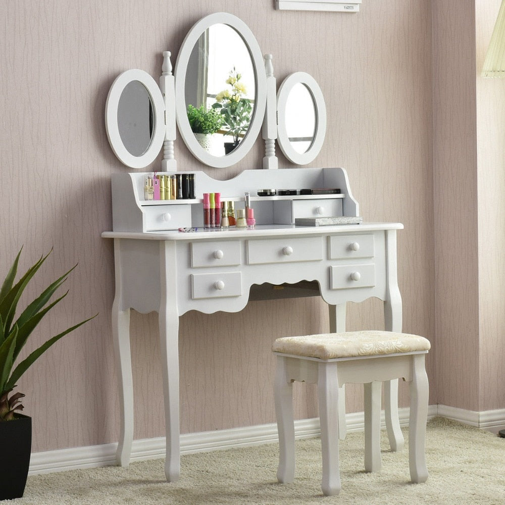 Giantex White Vanity Wood Makeup Dressing Table Stool Set Modern Dressers for Bedroom With 3 Folding Mirror 7 Drawer HW56422WH