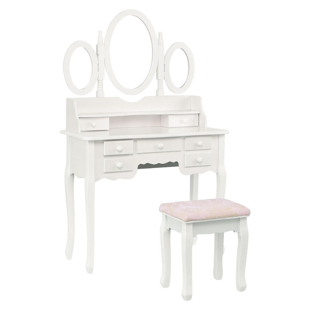 Giantex White Vanity Wood Makeup Dressing Table Stool Set Modern Dressers for Bedroom With 3 Folding Mirror 7 Drawer HW56422WH