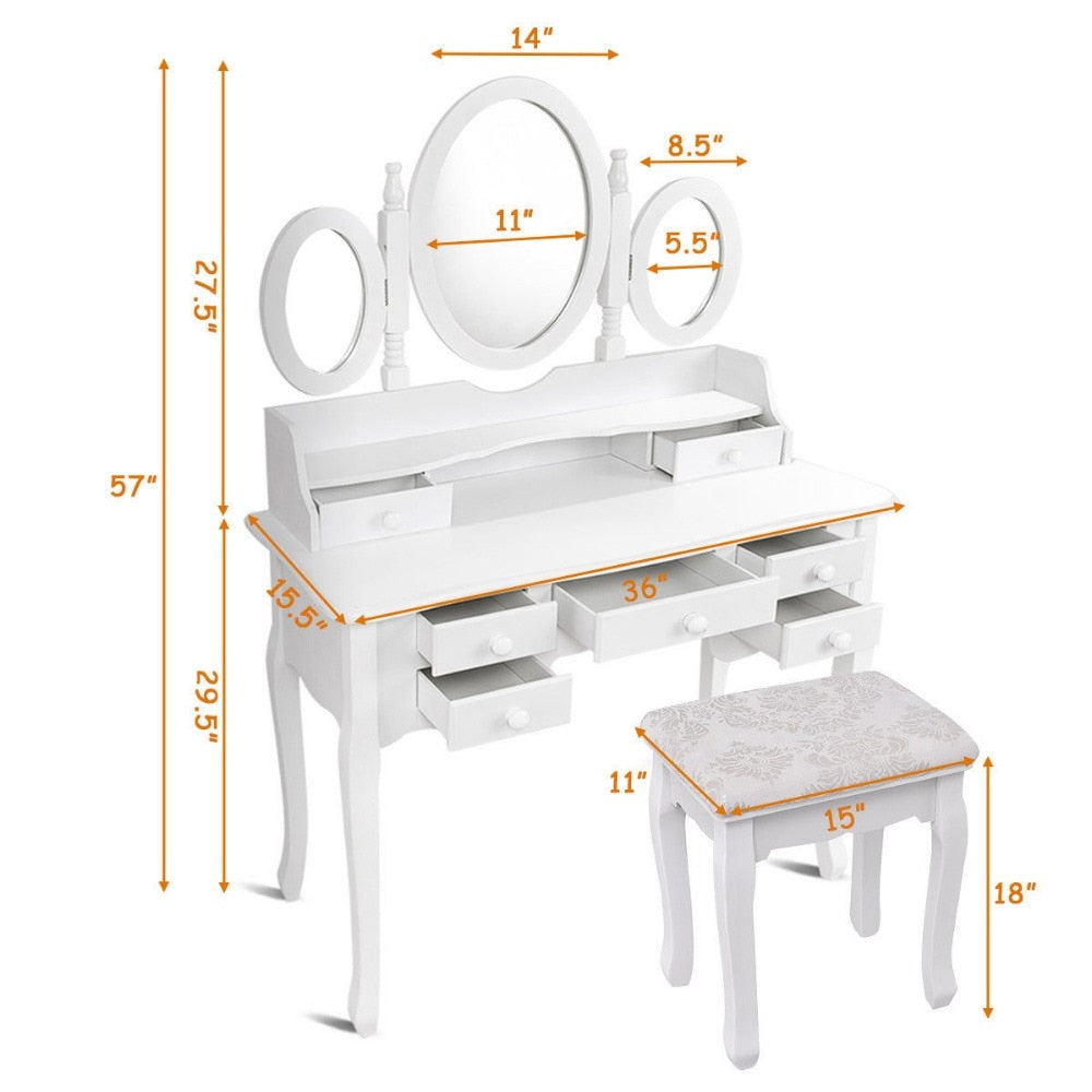 Giantex White Vanity Wood Makeup Dressing Table Stool Set Modern Dressers for Bedroom With 3 Folding Mirror 7 Drawer HW56422WH