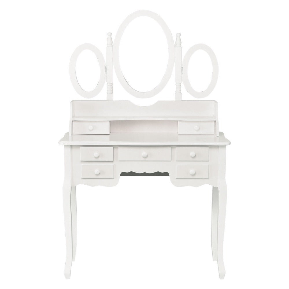 Giantex White Vanity Wood Makeup Dressing Table Stool Set Modern Dressers for Bedroom With 3 Folding Mirror 7 Drawer HW56422WH