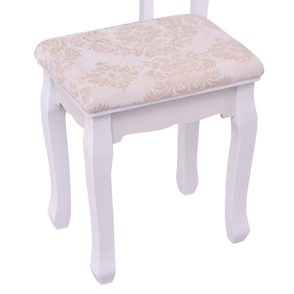 Giantex White Vanity Wood Makeup Dressing Table Stool Set Modern Dressers for Bedroom With 3 Folding Mirror 7 Drawer HW56422WH