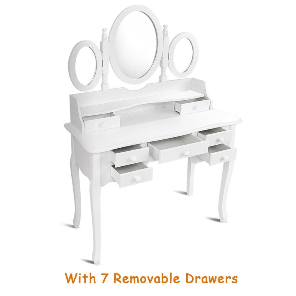 Giantex White Vanity Wood Makeup Dressing Table Stool Set Modern Dressers for Bedroom With 3 Folding Mirror 7 Drawer HW56422WH